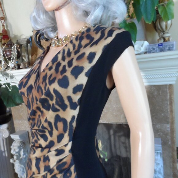 Escada Black & Brown Leopard Print Ruched Surplice Sheath Dress Size EU 38- US 8 - Picture 11 of 16